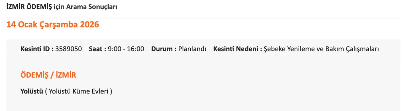 14 Ocak İzmirde (Ödemiş, Çeşme, Bornova, Buca) elektrikler ne zaman gelecek? Gediz Elektrik kesinti listesii