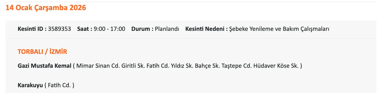 14 Ocak İzmirde (Ödemiş, Çeşme, Bornova, Buca) elektrikler ne zaman gelecek? Gediz Elektrik kesinti listesii