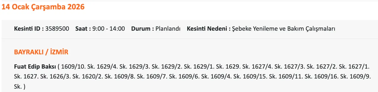 14 Ocak İzmirde (Ödemiş, Çeşme, Bornova, Buca) elektrikler ne zaman gelecek? Gediz Elektrik kesinti listesii