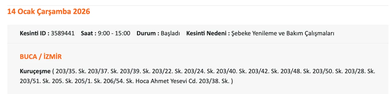 14 Ocak İzmirde (Ödemiş, Çeşme, Bornova, Buca) elektrikler ne zaman gelecek? Gediz Elektrik kesinti listesii