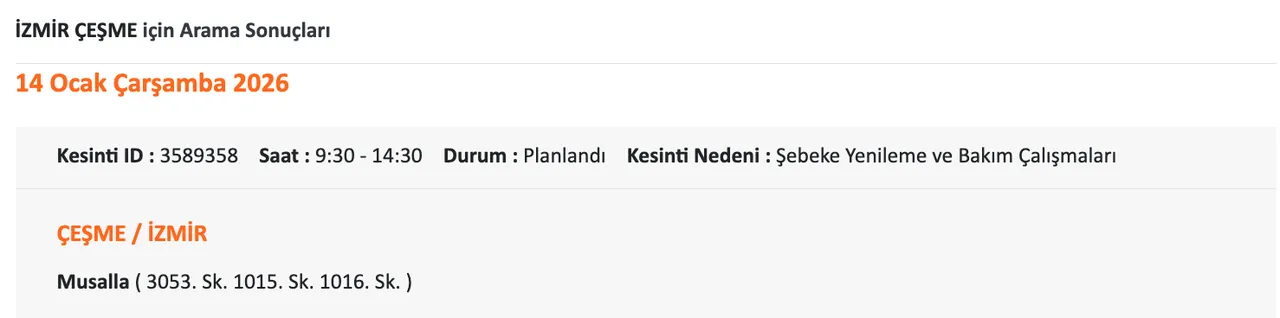 14 Ocak İzmirde (Ödemiş, Çeşme, Bornova, Buca) elektrikler ne zaman gelecek? Gediz Elektrik kesinti listesii