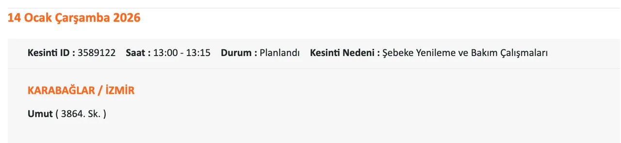 14 Ocak İzmirde (Ödemiş, Çeşme, Bornova, Buca) elektrikler ne zaman gelecek? Gediz Elektrik kesinti listesii