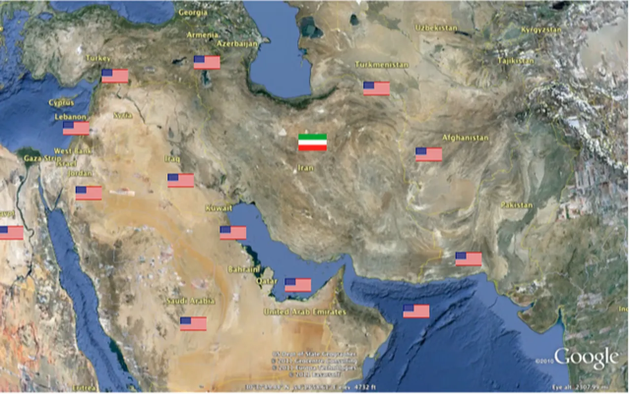 Grafik'te ABD'nin İran çevresindeki üsleri görülüyor.