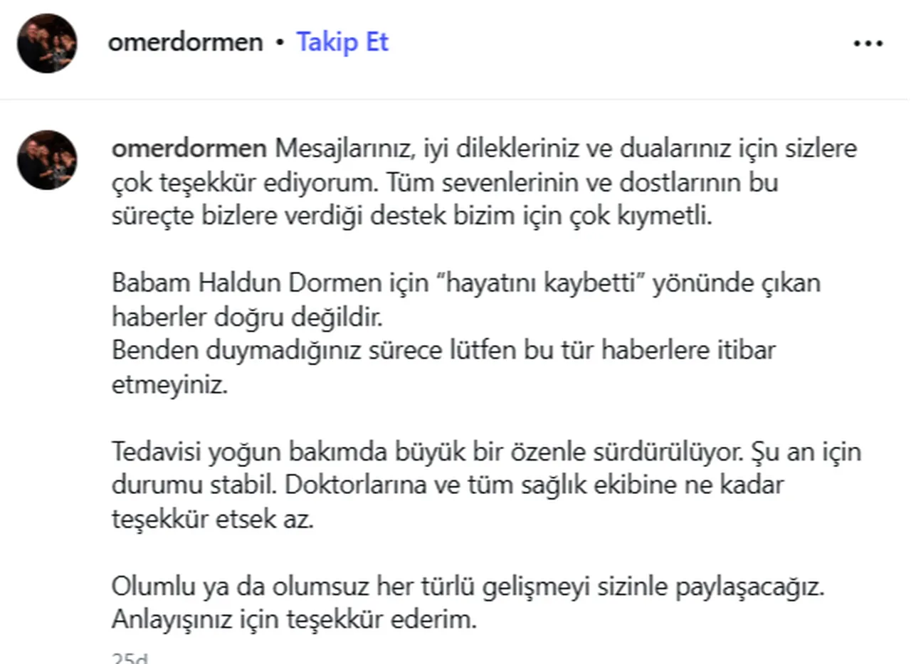 Haldun Dormen öldü  iddialarına açıklama