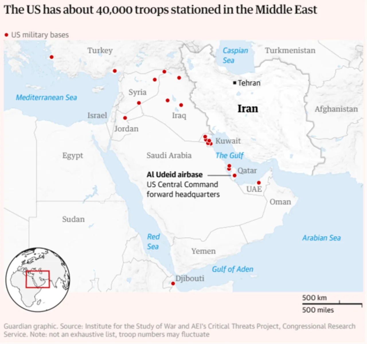 Grafik, ABD'nin Orta Doğu'da bulunan üslerini gösteriyor.