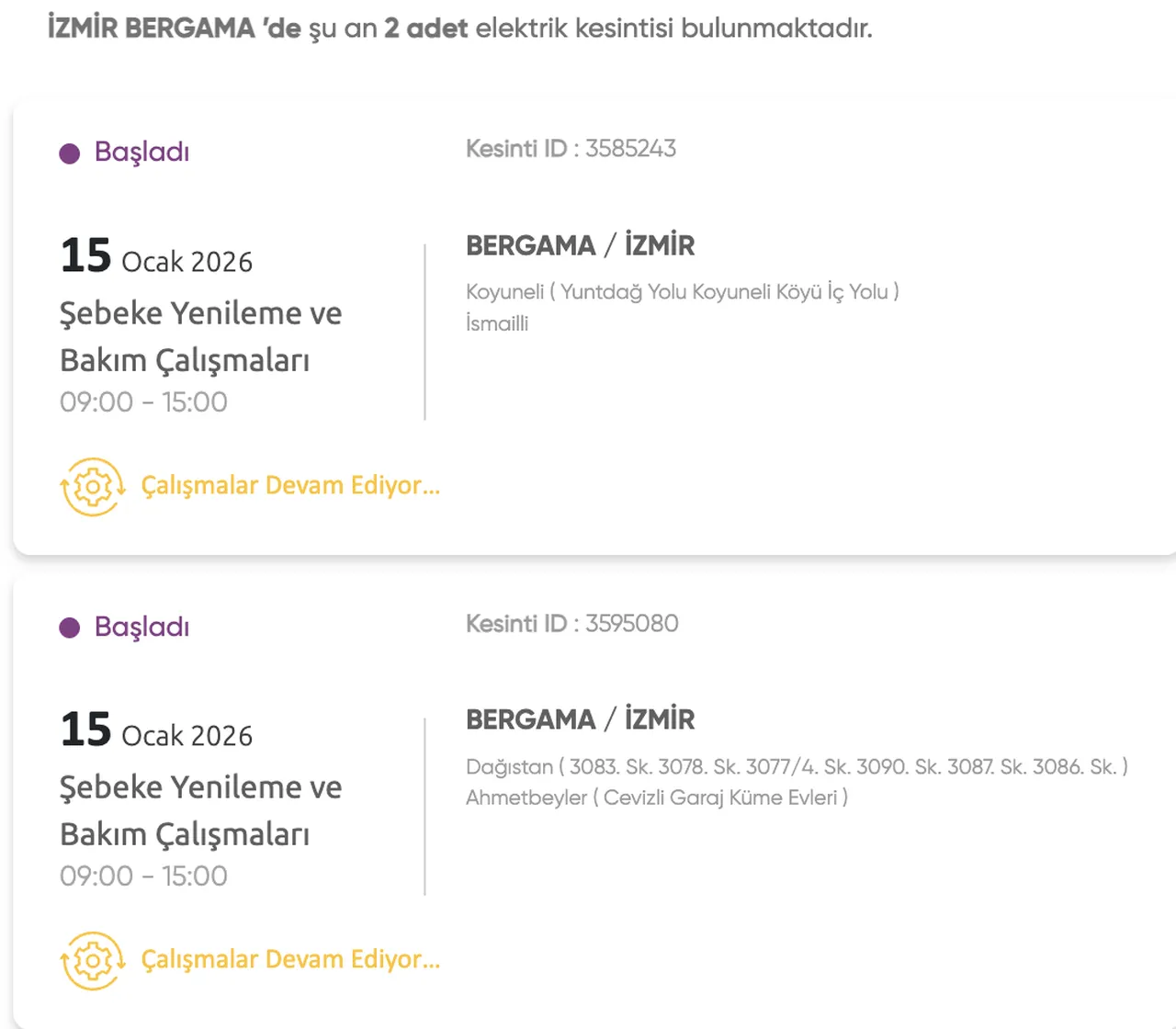 Gediz Elektrik kesintisi: 15 Ocak İzmir'de (Aliağa, Güzelbahçe, Beydağ) elektrikler ne zaman gelecek?