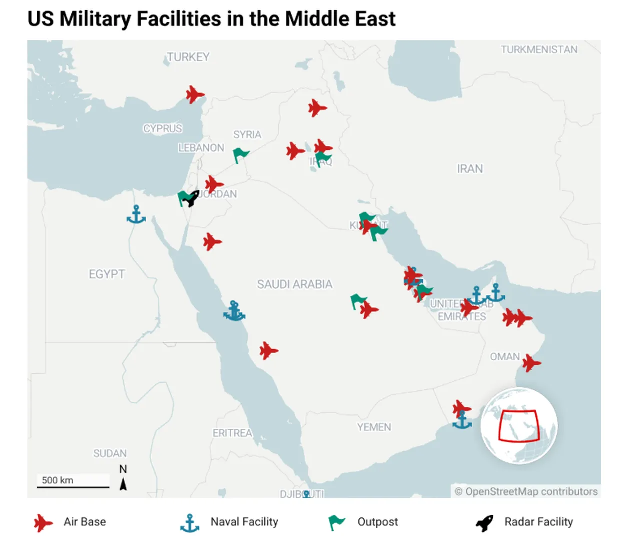 Grafik'te ABD'nin İran çevresindeki üsleri görülüyor.