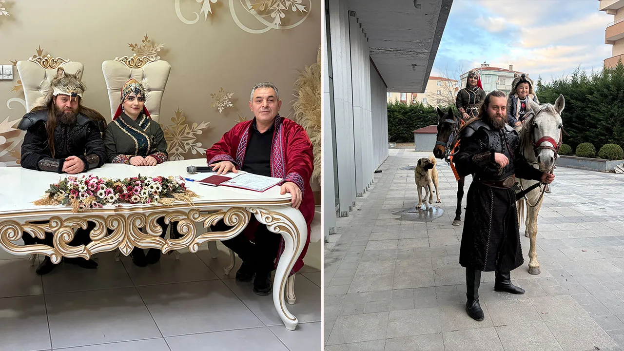Ünlü oyuncudan atlı ve kostümlü nikah! Diriliş Ertuğrul dizisinin Melikşah'ıydı 
