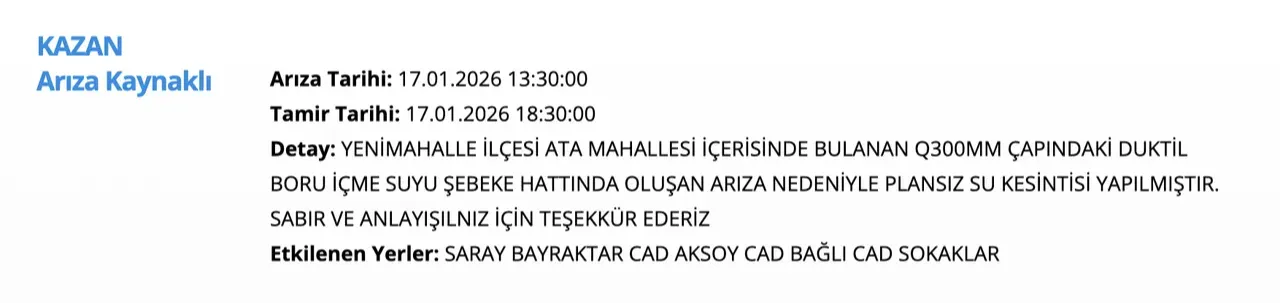 ASKİ su kesintisi: 17 Ocak Ankarada sular ne zaman gelecek, saat kaçta?