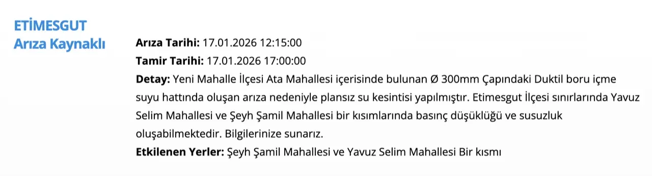 ASKİ su kesintisi: 17 Ocak Ankarada sular ne zaman gelecek, saat kaçta?