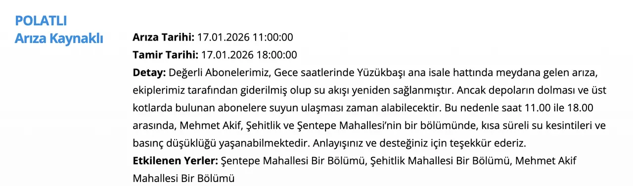 ASKİ su kesintisi: 17 Ocak Ankara'da sular ne zaman gelecek, saat kaçta? (Polatlı, Kazan, Yenimahalle)