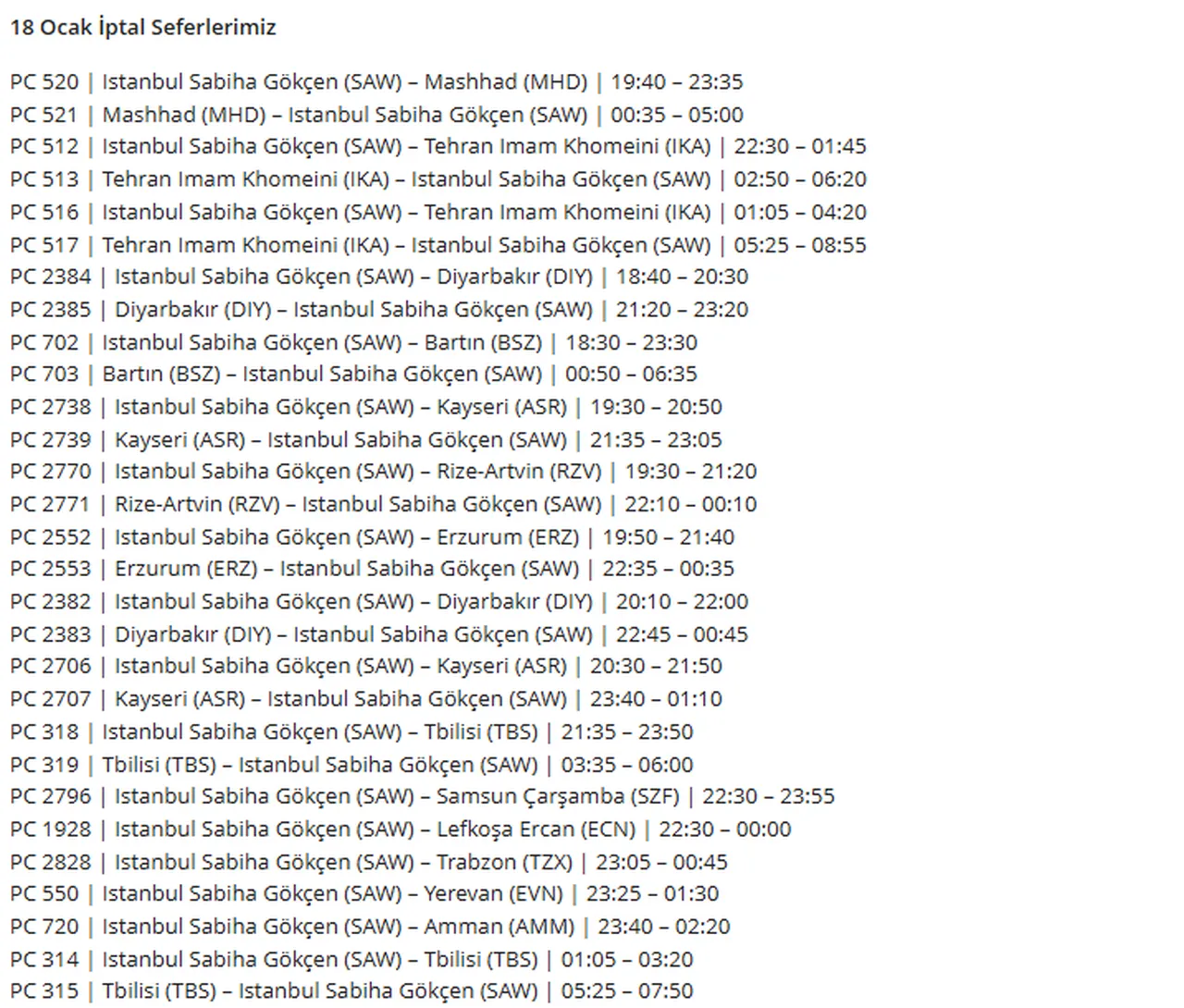 18 Ocak Pegasus iptal seferler
