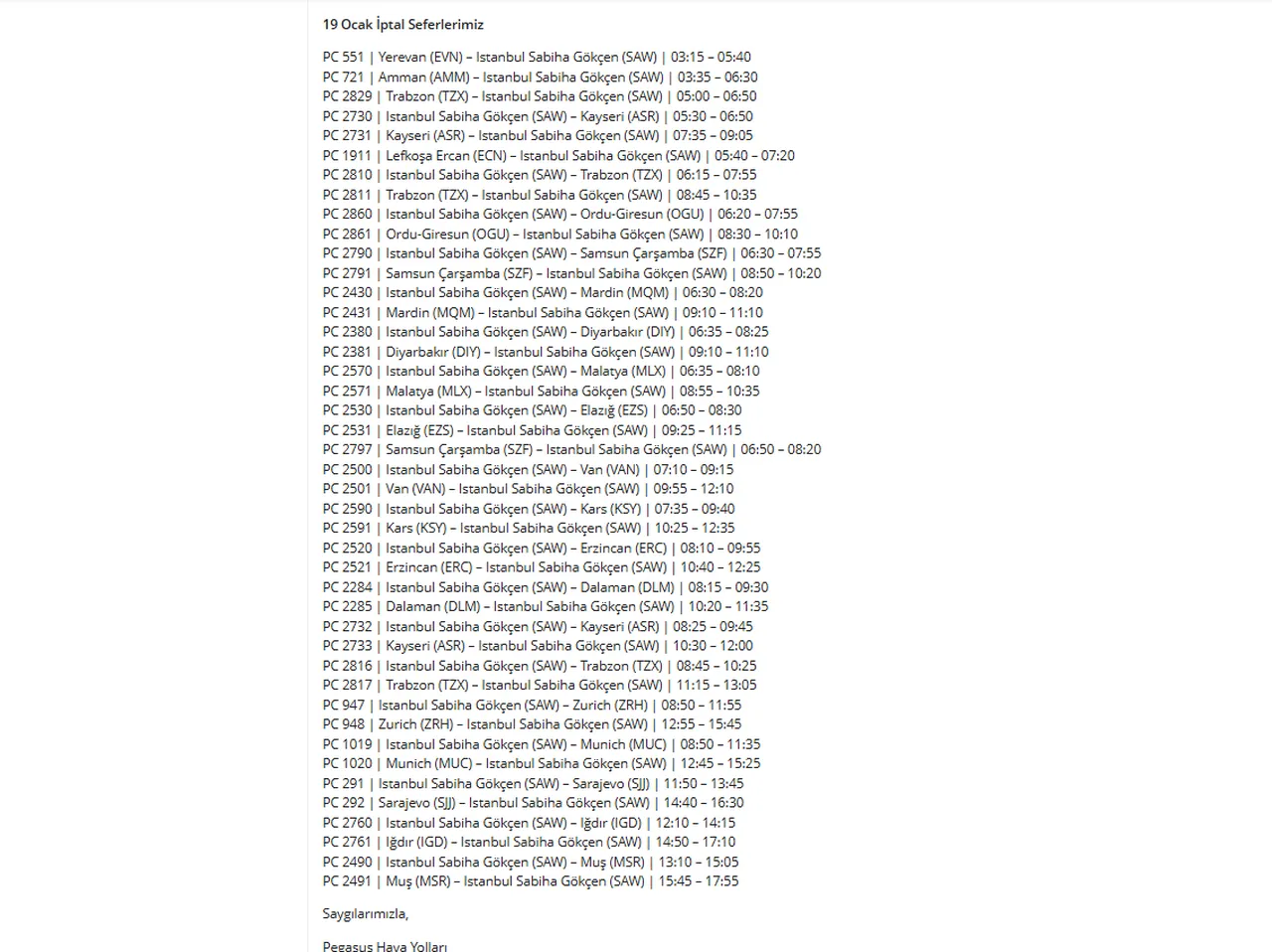 19 Ocak Pegasus iptal seferler