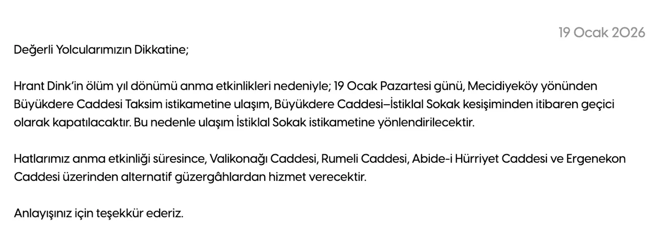 İETT 19 Ocak 2026 resmi duyurusu.