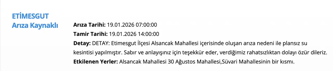 ASKİ su kesintisi: Ankarada (Etimesgut) sular ne zaman gelecek? 19 Ocak güncel liste paylaşıldı
