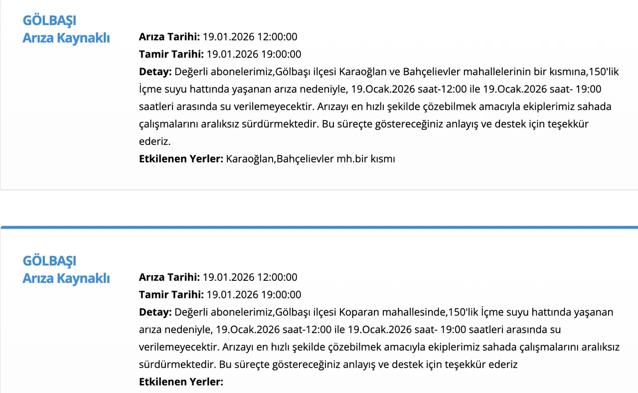 ASKİ su kesintisi: Ankara'da (Gölbaşı) sular ne zaman gelecek? 19 Ocak güncel liste paylaşıldı