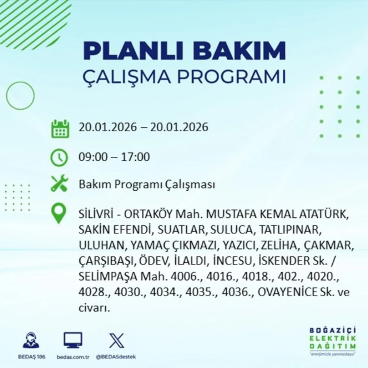 20 Ocak İstanbul elektrik kesintisi 
