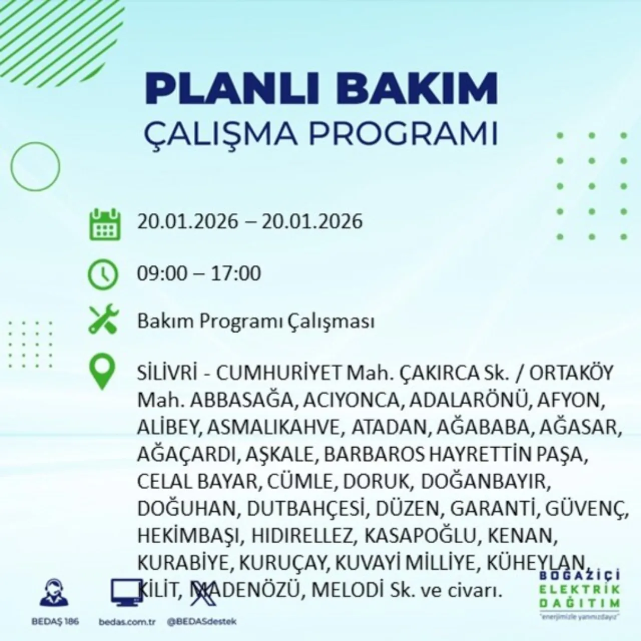 20 Ocak İstanbul elektrik kesintisi 