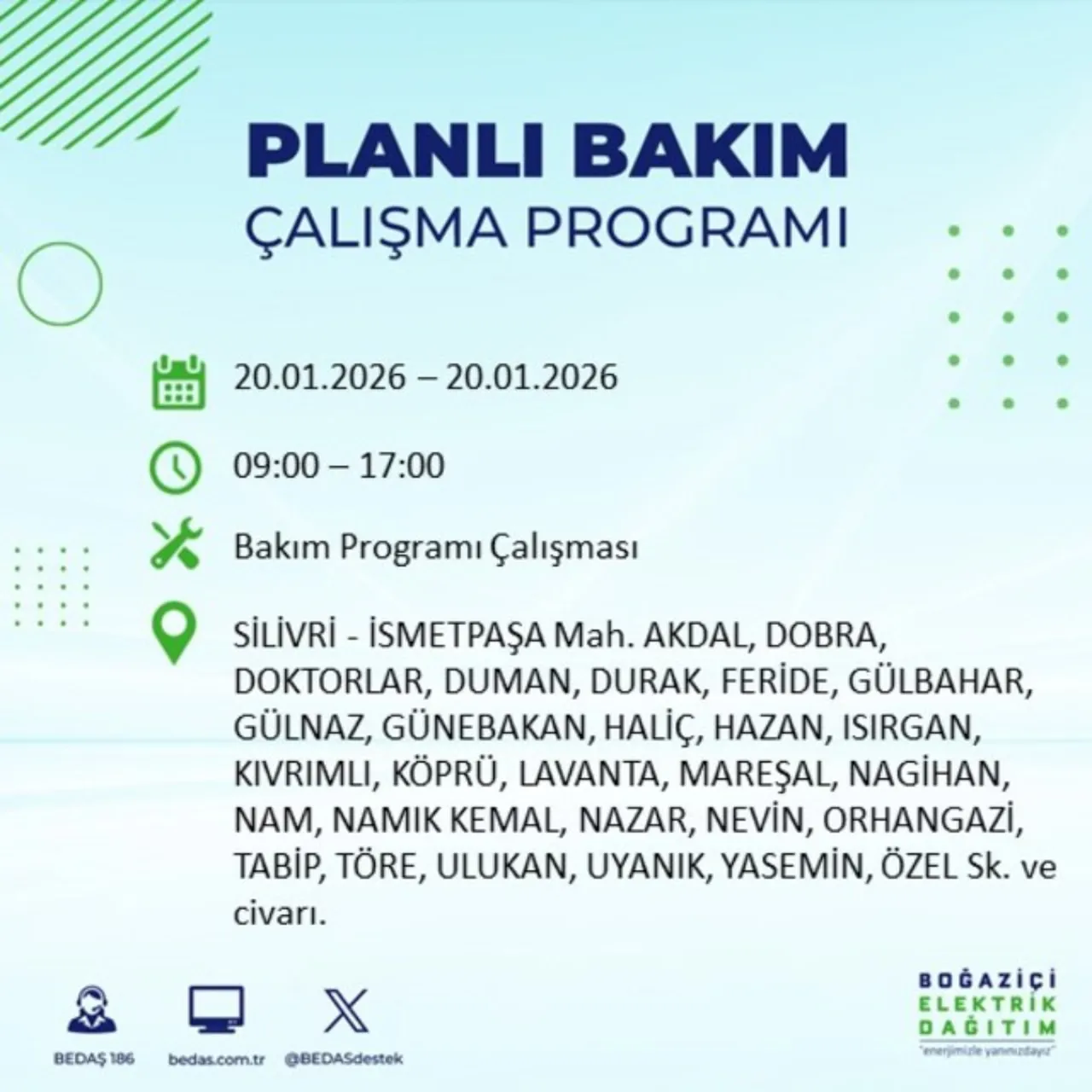 20 Ocak İstanbul elektrik kesintisi 