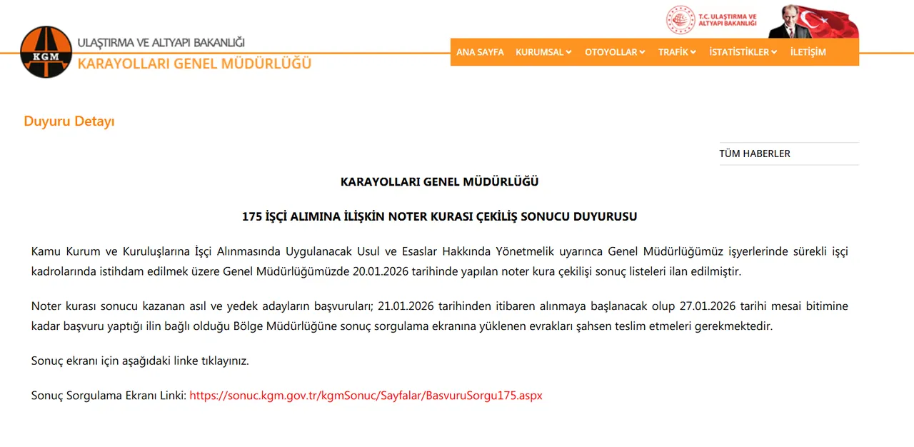 KGM işçi alımı kura sonuçları açıklandı! KGM işçi alımı isim listesi sorgulama