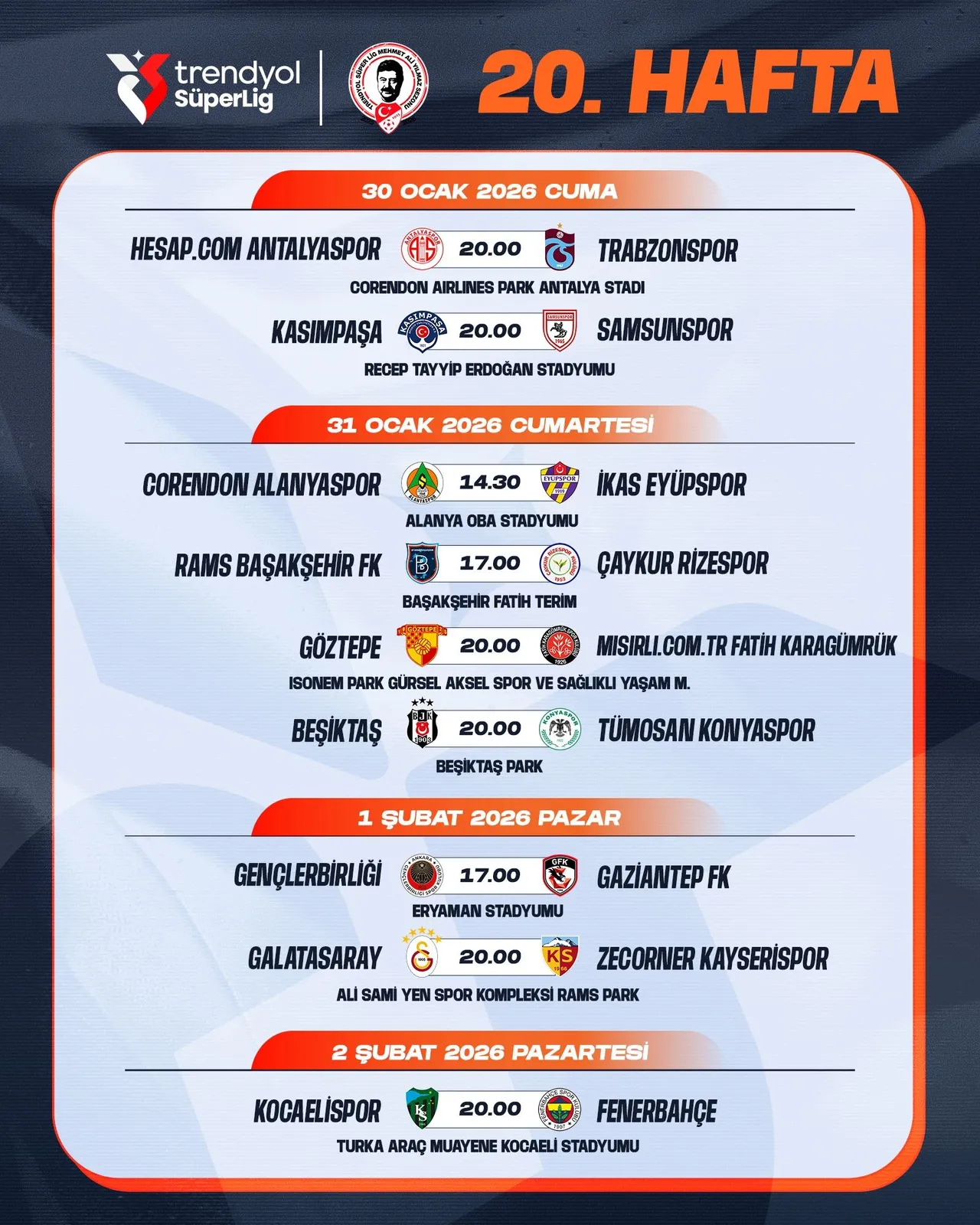 Süper Lig 20'nci hafta programı