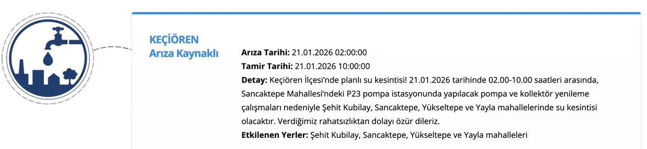 Bugün Ankarada (Keçiören) sular ne zaman gelecek? ASKİ kesinti listesi...