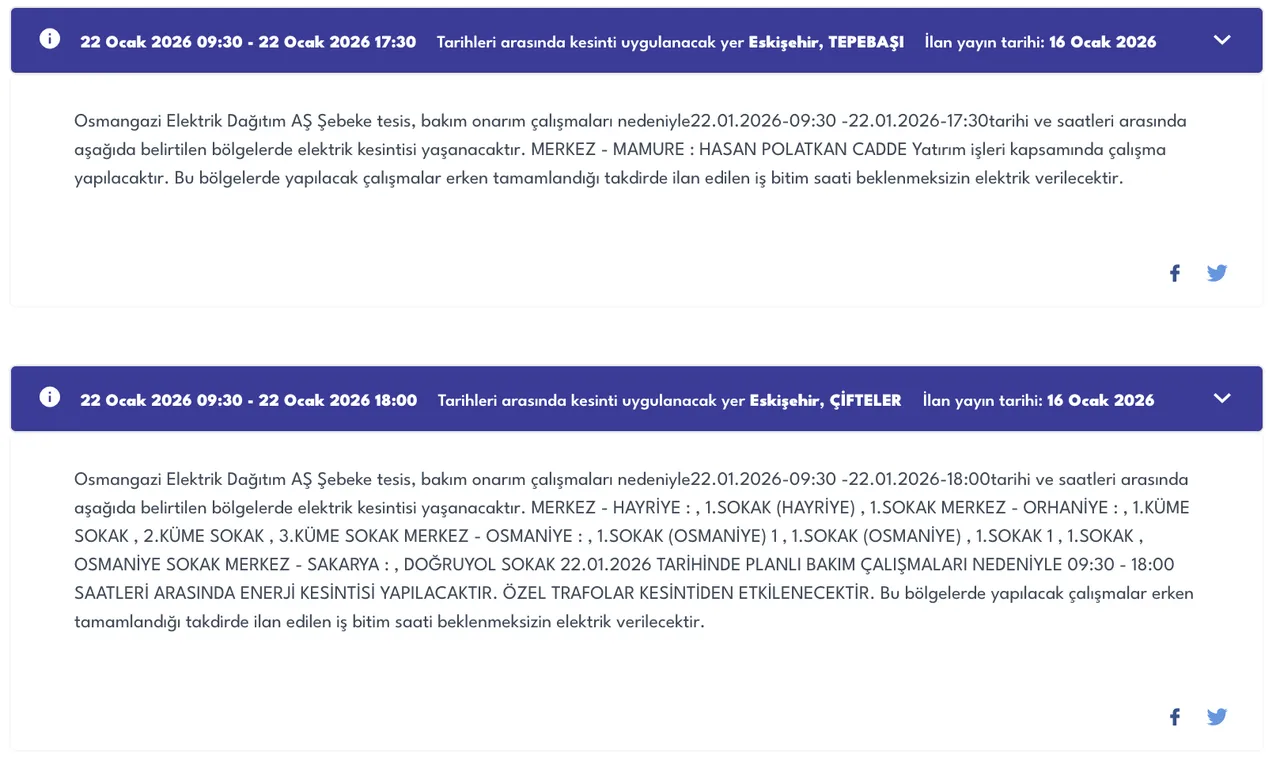 Eskişehir elektrik kesintisi 21-22 Ocak (Tepebaşı, Seyitgazi, Mahmudiye, Odunpazarı)