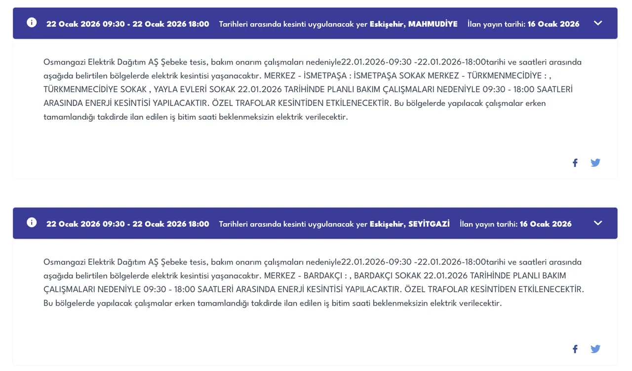 Eskişehir elektrik kesintisi 21-22 Ocak (Tepebaşı, Seyitgazi, Mahmudiye, Odunpazarı)