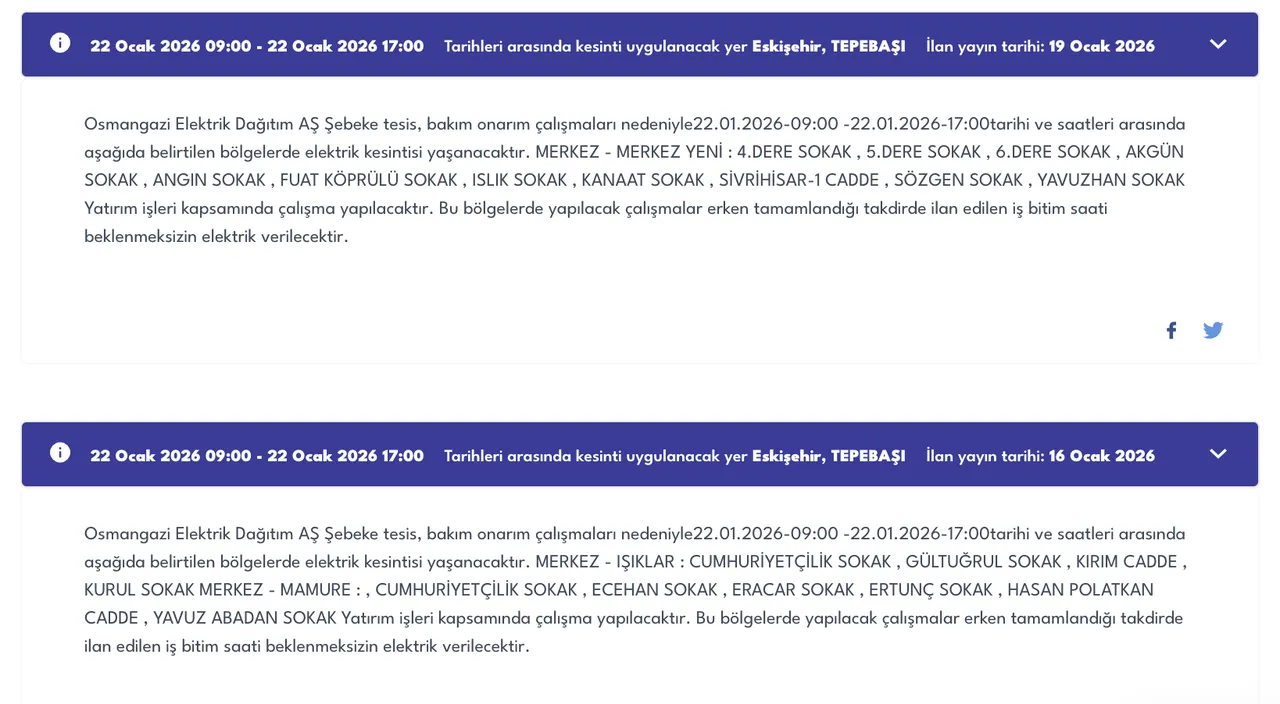Eskişehir elektrik kesintisi 21-22 Ocak (Tepebaşı, Seyitgazi, Mahmudiye, Odunpazarı)
