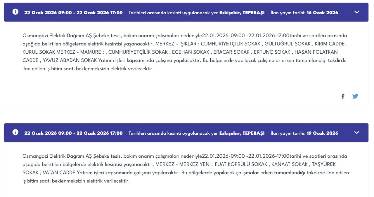 Eskişehir elektrik kesintisi 21-22 Ocak (Tepebaşı, Seyitgazi, Mahmudiye, Odunpazarı)