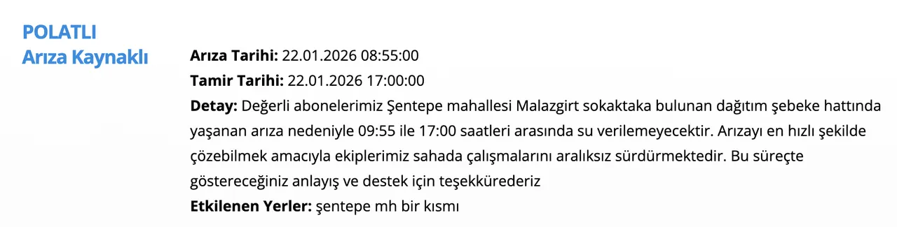 Ankara su kesintisi 22 Ocak: Sular saat kaçta gelecek? (Etimesgut, Polatlı, Keçiören)