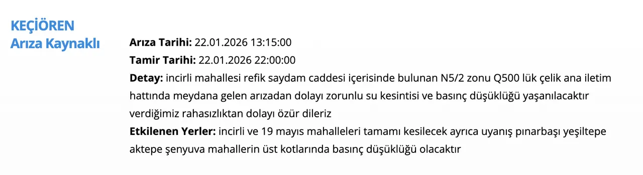 Ankara su kesintisi 22 Ocak: Sular saat kaçta gelecek? (Etimesgut, Polatlı, Keçiören)