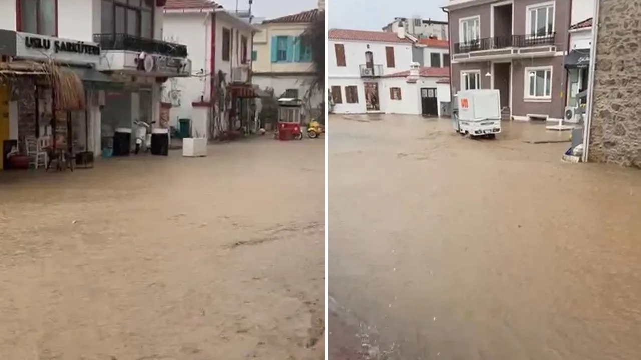 Bozcaada'yı sel vurdu: Turistik adada sokaklar göle döndü!