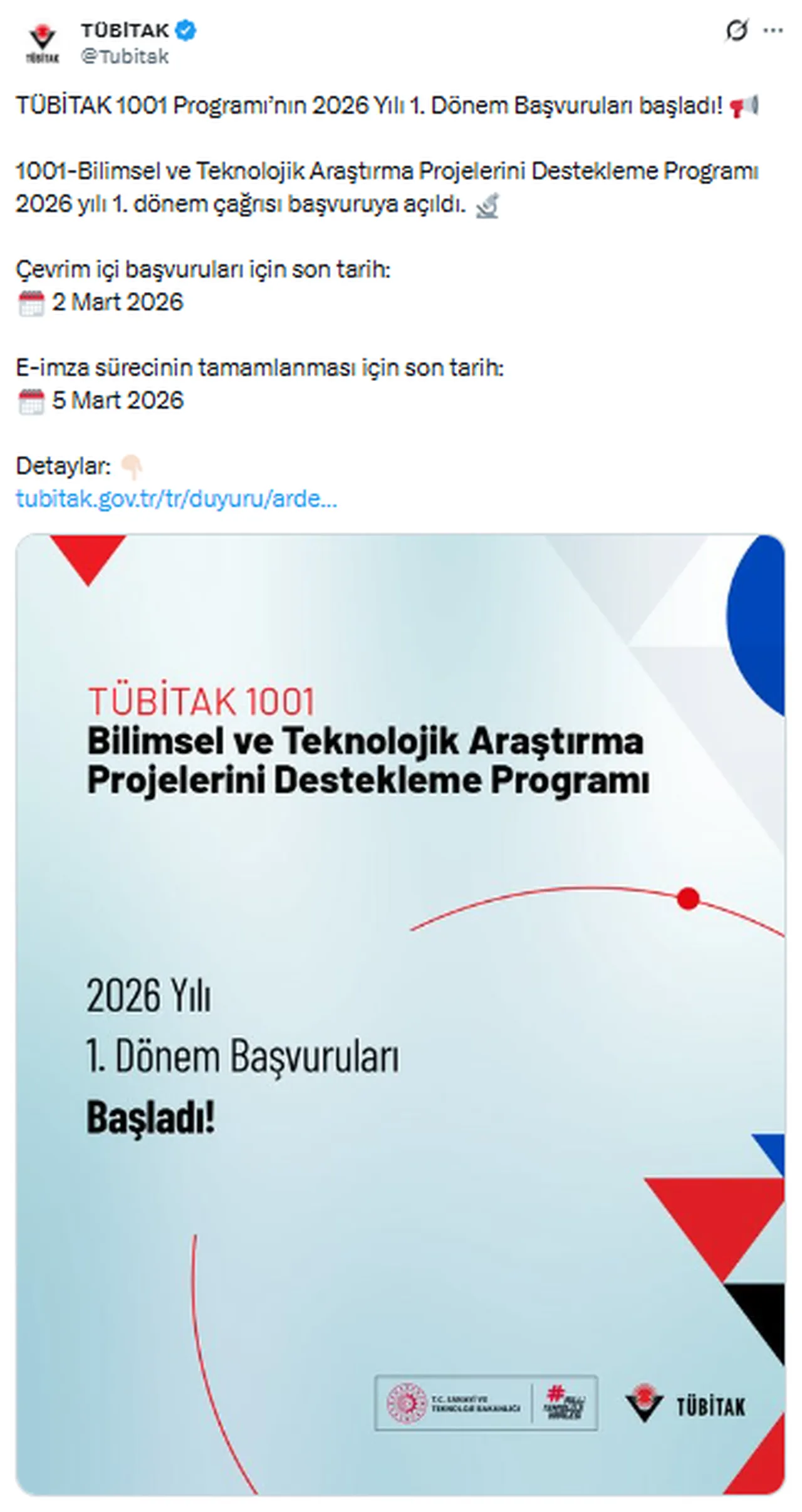 TÜBİTAK 1001 Programı’nın 2026 Yılı 1. Dönem başvuruları başladı!