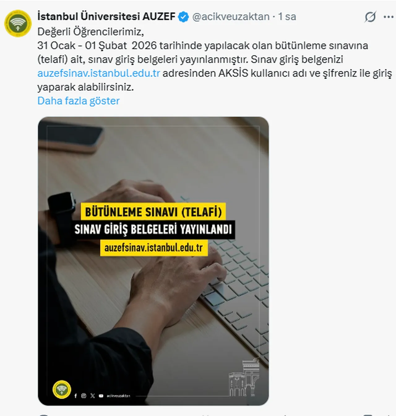 AUZEF sınav yerleri açıklandı! (AUZEF sınav giriş belgesi görüntüleme)