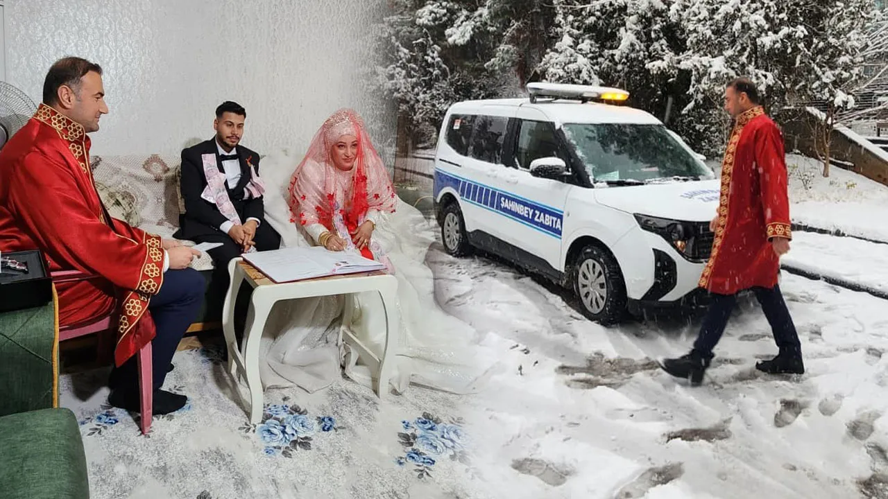 Kar yağışı yolları kapattı! Nikah dairesine gidemeyen çiftin ilacı ayağına geldi
