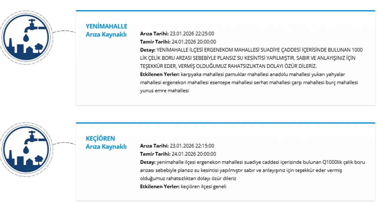 ASKİ 24 Ocak kesinti programı! Ankarada (Keçiören, Kazan, Yenimahalle...) sular ne zaman gelecek?