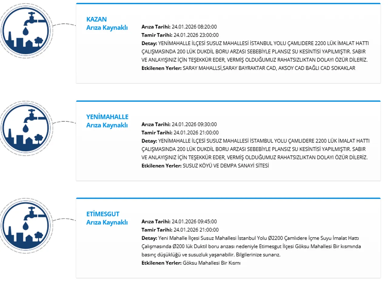 ASKİ 24 Ocak kesinti programı! Ankarada (Keçiören, Kazan, Yenimahalle...) sular ne zaman gelecek?
