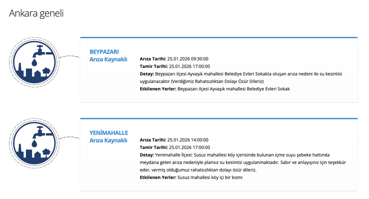 ASKİ su kesintisi 25 Ocak: Etimesgut, Yenimahalle ve Beypazarı'nda sular ne zaman, saat kaçta gelecek?