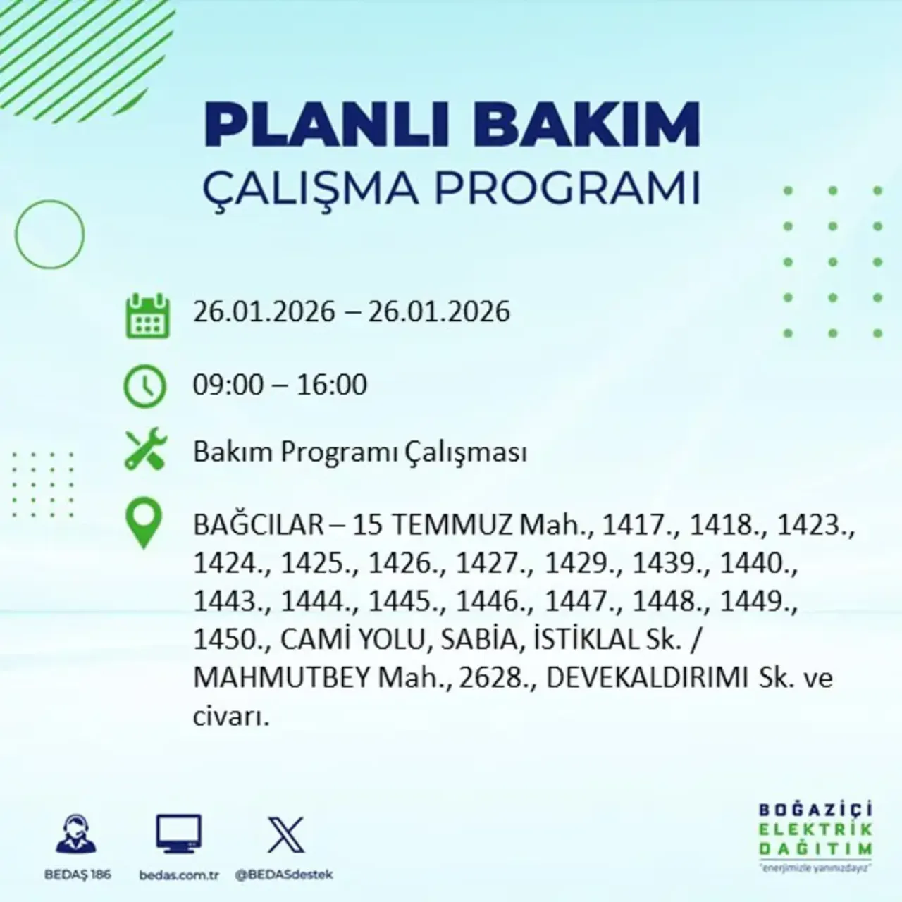 26 Ocak İstanbul elektrik kesintisi