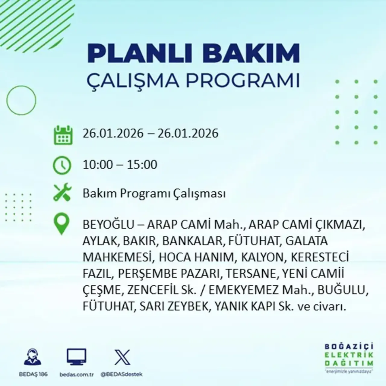 26 Ocak İstanbul elektrik kesintisi