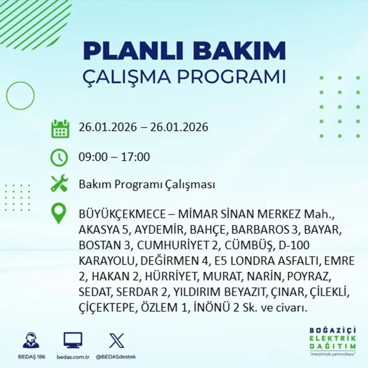 26 Ocak İstanbul elektrik kesintisi
