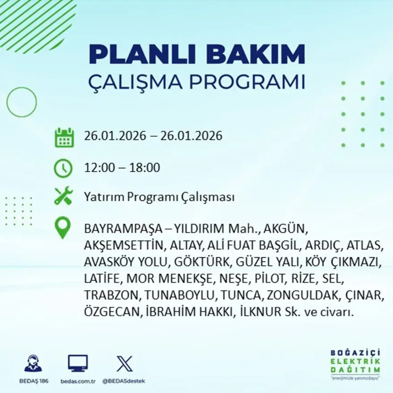 26 Ocak İstanbul elektrik kesintisi