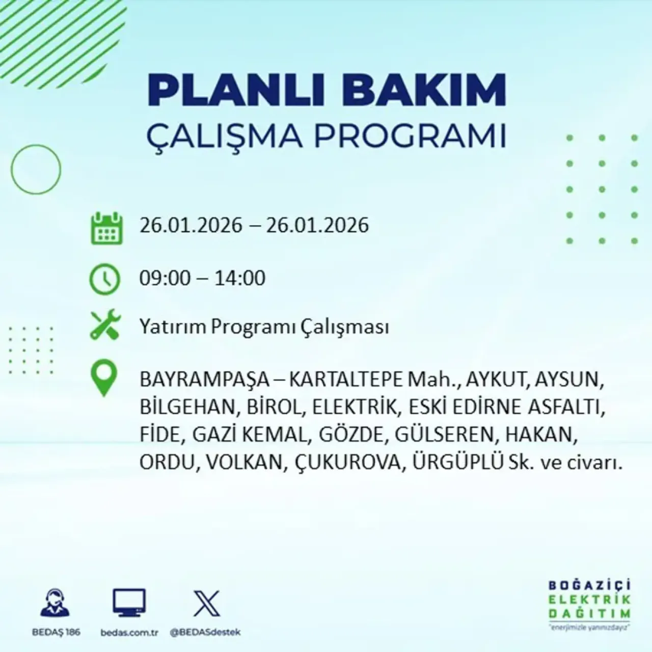26 Ocak İstanbul elektrik kesintisi