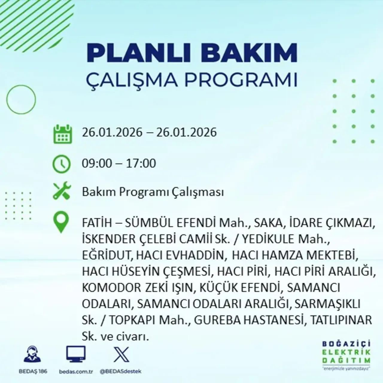 26 Ocak İstanbul elektrik kesintisi