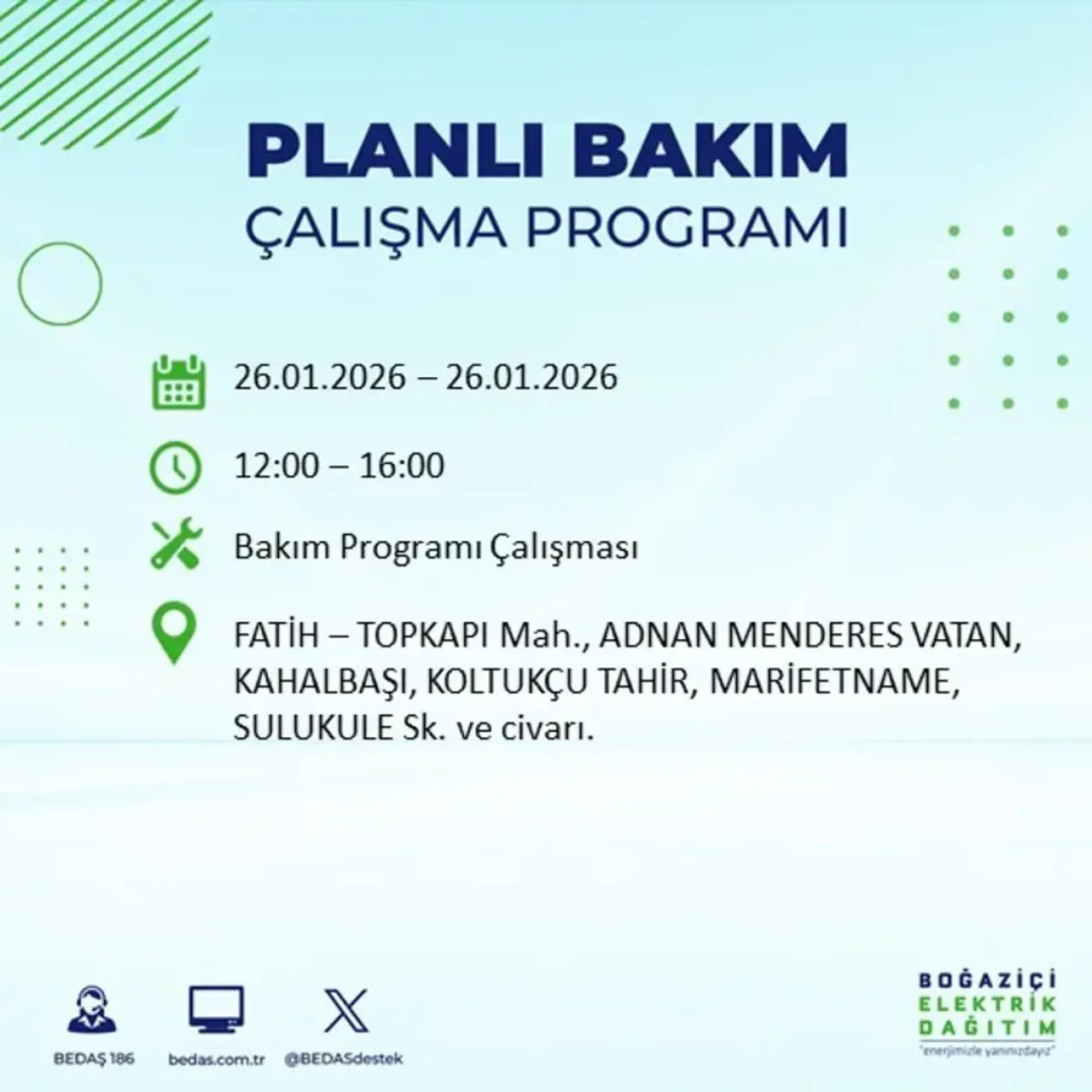 26 Ocak İstanbul elektrik kesintisi