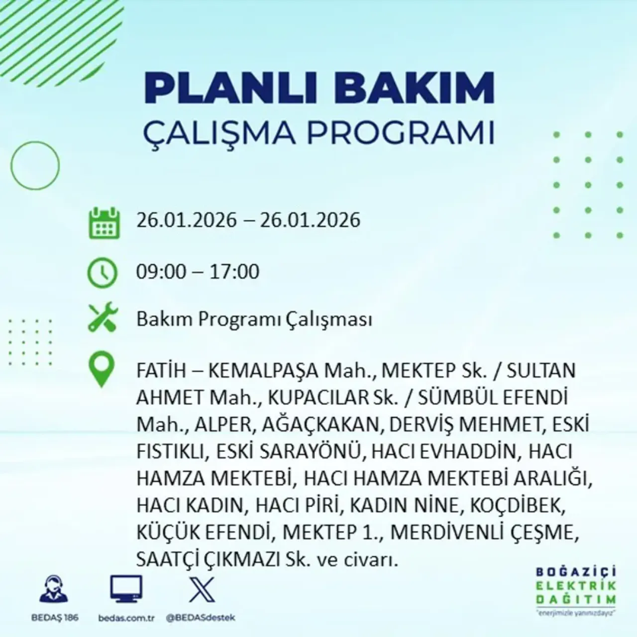 26 Ocak İstanbul elektrik kesintisi
