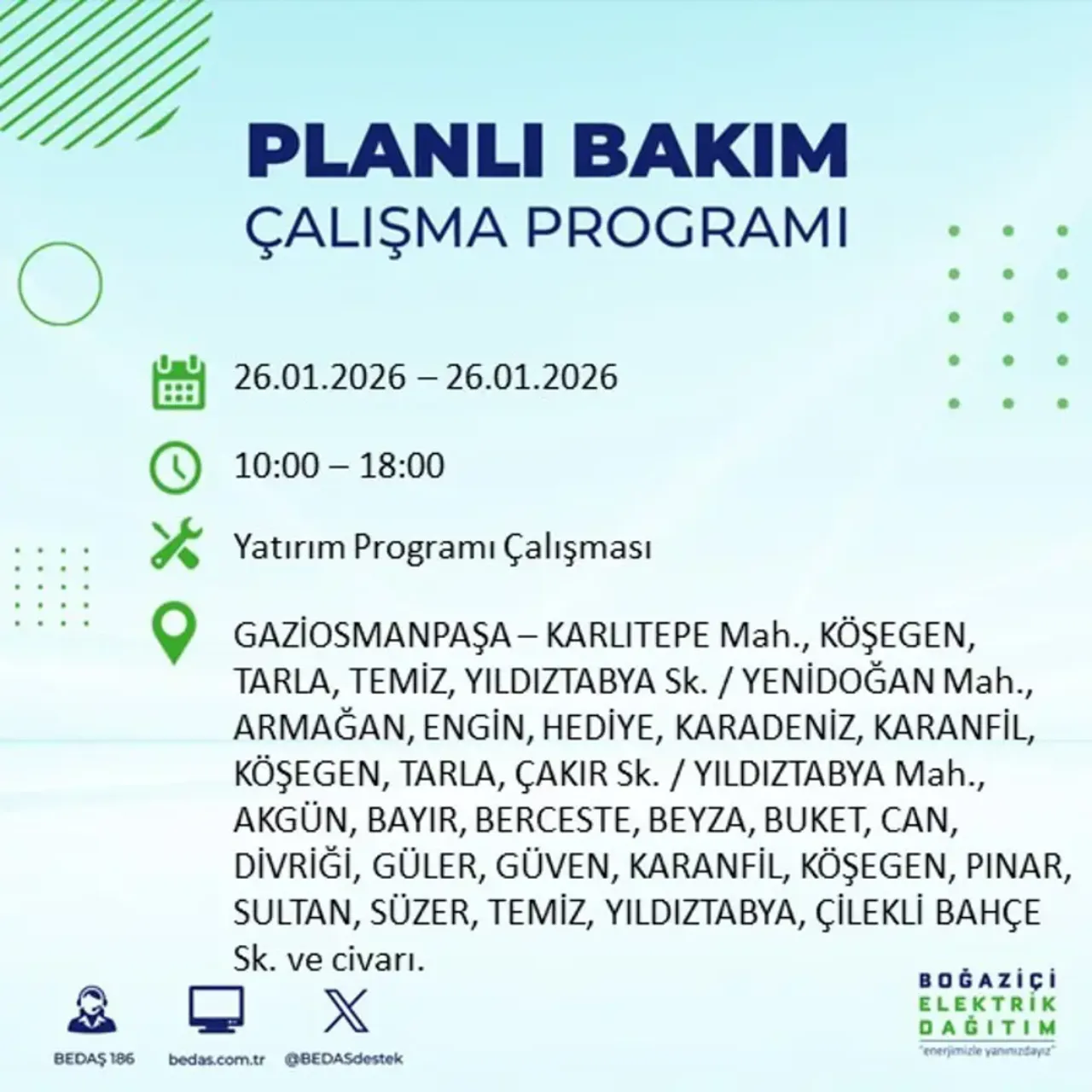 26 Ocak İstanbul elektrik kesintisi