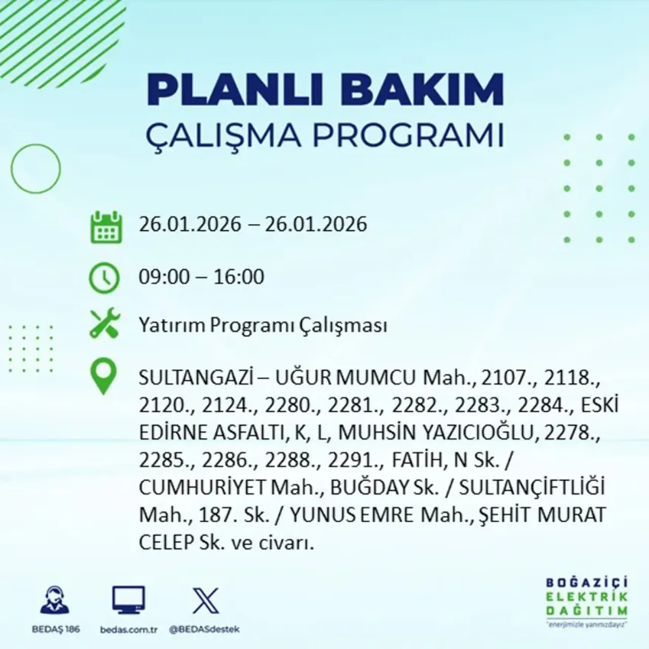 26 Ocak İstanbul elektrik kesintisi