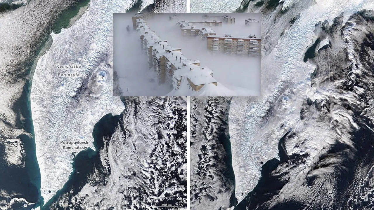 6 metrelik kar kalınlığı uyduda! NASA Kamçatka'daki rekor yağışın görüntülerini paylaştı